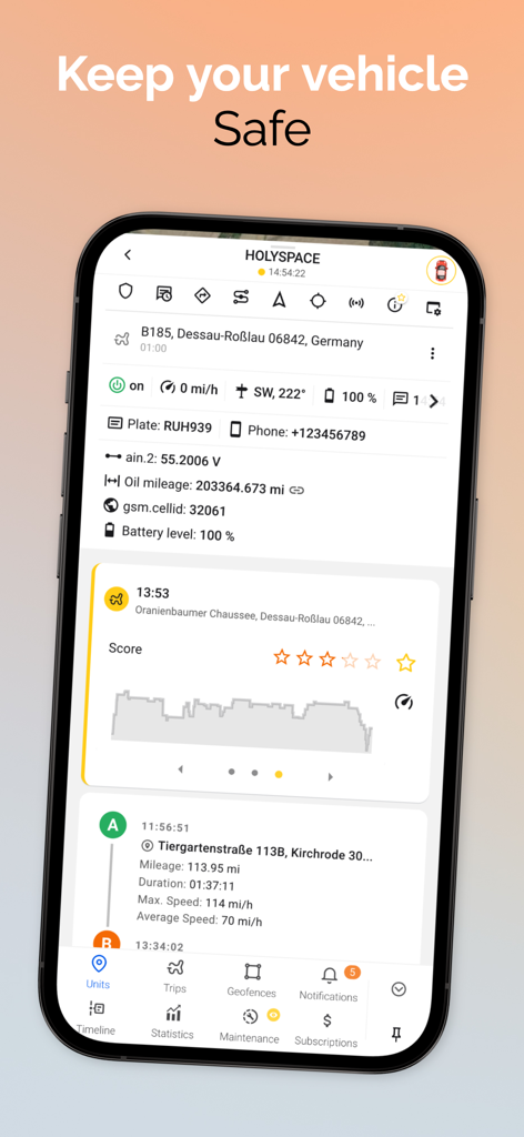 Ruhavik mobile app interface displaying real-time vehicle monitoring, driving scores, and maintenance data