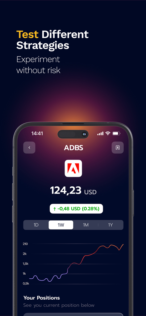 Stock Trading Online - Mobile app interface showing a stock chart for Adobe with the header Test Different Strategies Experiment without risk