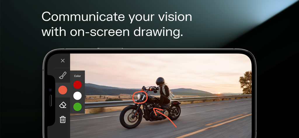 Evercast Studio - Evercast Studio mobile app interface showing on-screen drawing and annotation tools over a video session