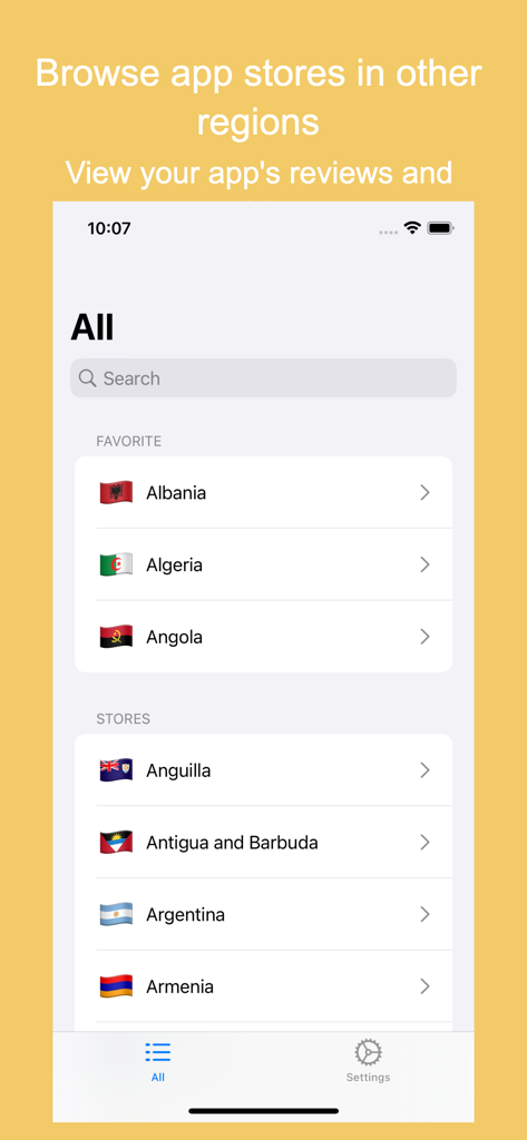 A list of countries with flags in the Global Store Go app for browsing international app stores.