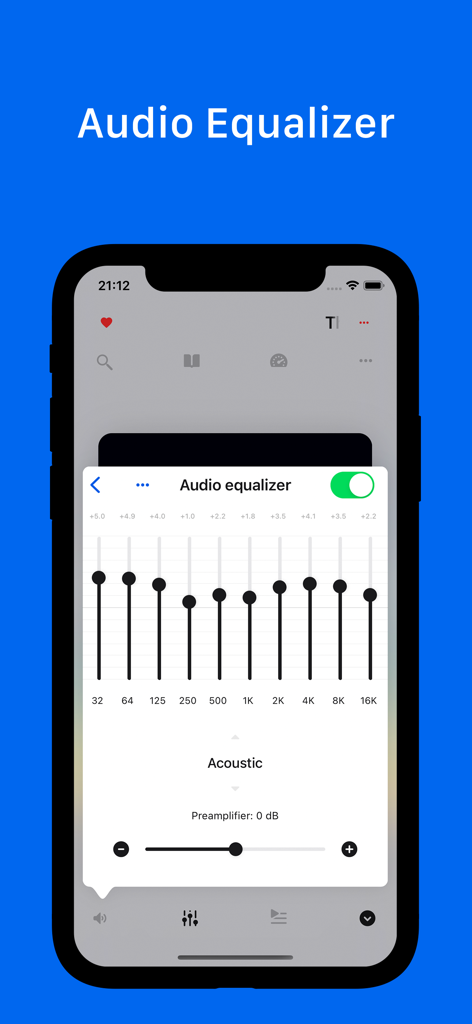 Interface do aplicativo GoPlayer mostrando as configurações do equalizador de áudio