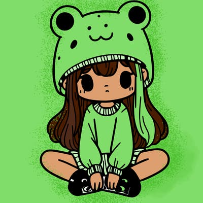a girl wearing a frog hat and some frog socks