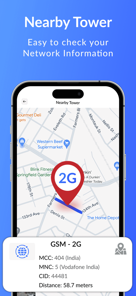 Pantalla de aplicación móvil que muestra la ubicación de una antena celular 2G cercana en un mapa con detalles de la red.