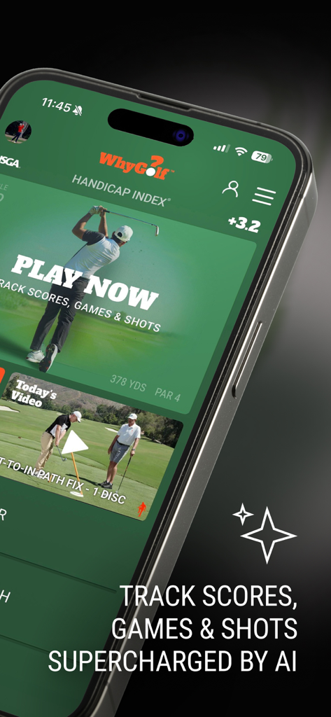 WhyGolf mobile App-Dashboard mit Handicap-Index und KI-gestützter Golfschussverfolgung