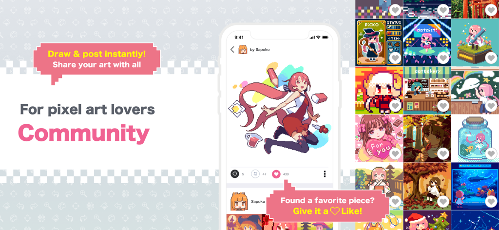 dotpict - Dotpict app interface showing pixel art creations and community social features.