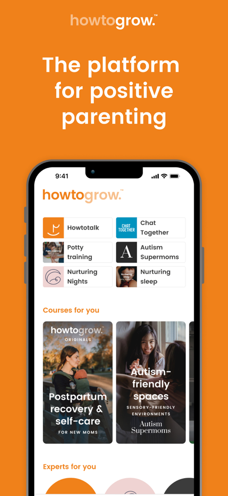 Der Startbildschirm der Howtogrow-App mit positiven Erziehungskursen für die Erholung nach der Geburt und Unterstützung bei Autismus