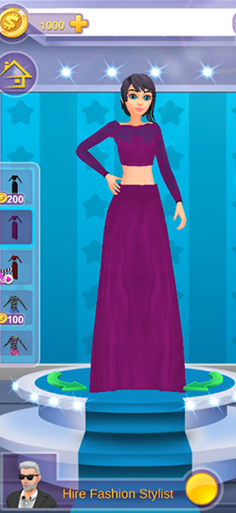 Selfie Girl Fashion Vlog Games - A girl character wearing a purple long dress on a stage in the Selfie Girl Fashion Vlog game