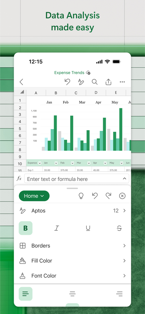 Microsoft Excel mobile interface showing a bar chart for expense trends and data editing tools.