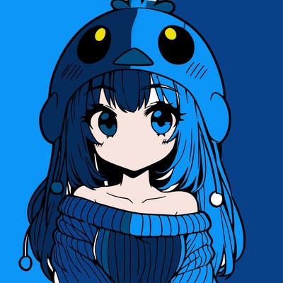 anime girl with chick shaped hat with sweater with bare shoulders with bangs covering them one eye with low tail