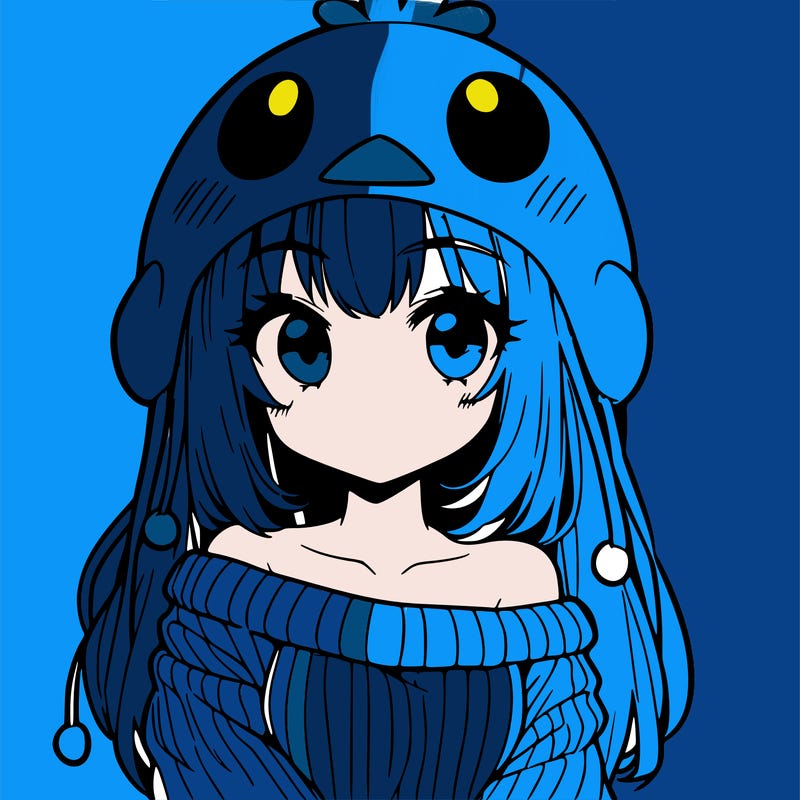 anime girl with chick shaped hat with sweater with bare shoulders with bangs covering them one eye with low tail