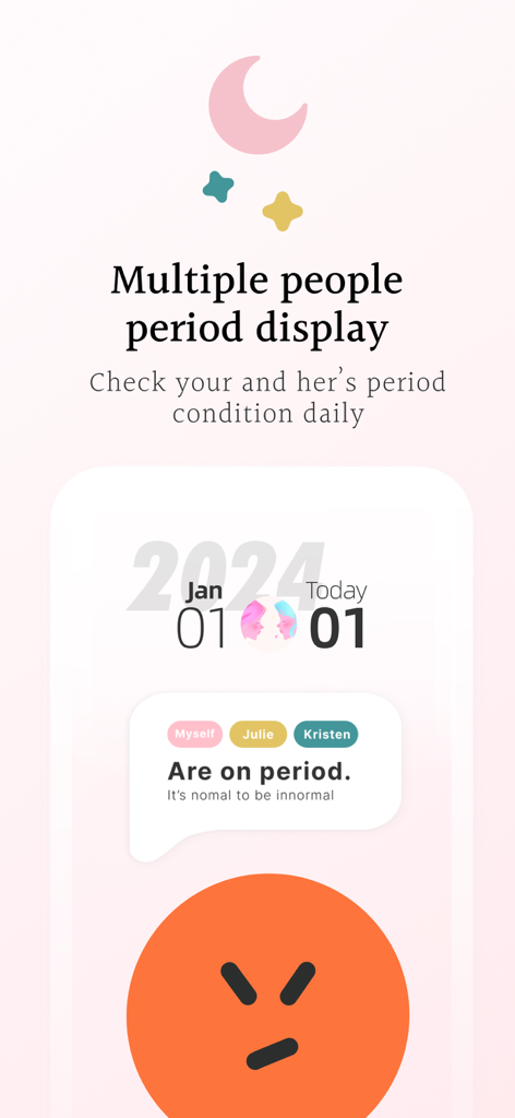 Hers - Period record - Hersアプリの画面で、複数のユーザーのステータスが表示された、複数人による月経追跡機能を示しています