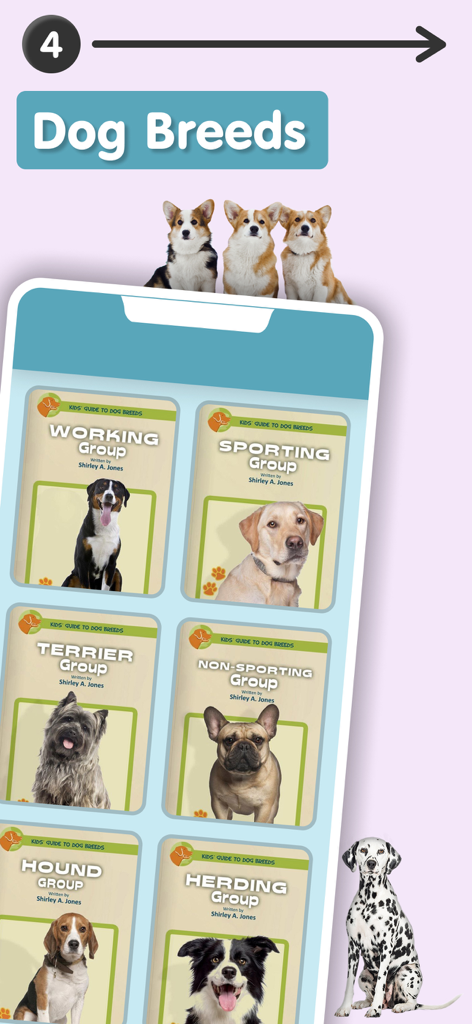 A smartphone screen displaying a library of books about different dog breeds for 2nd grade students.