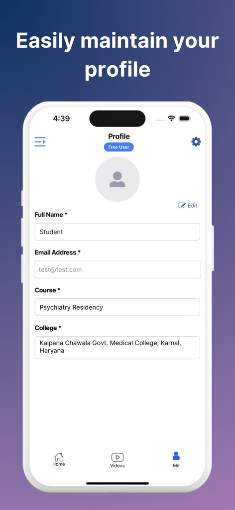 Conceptual Psych - The user profile management screen in the Conceptual Psych app showing personal information and psychiatry residency details
