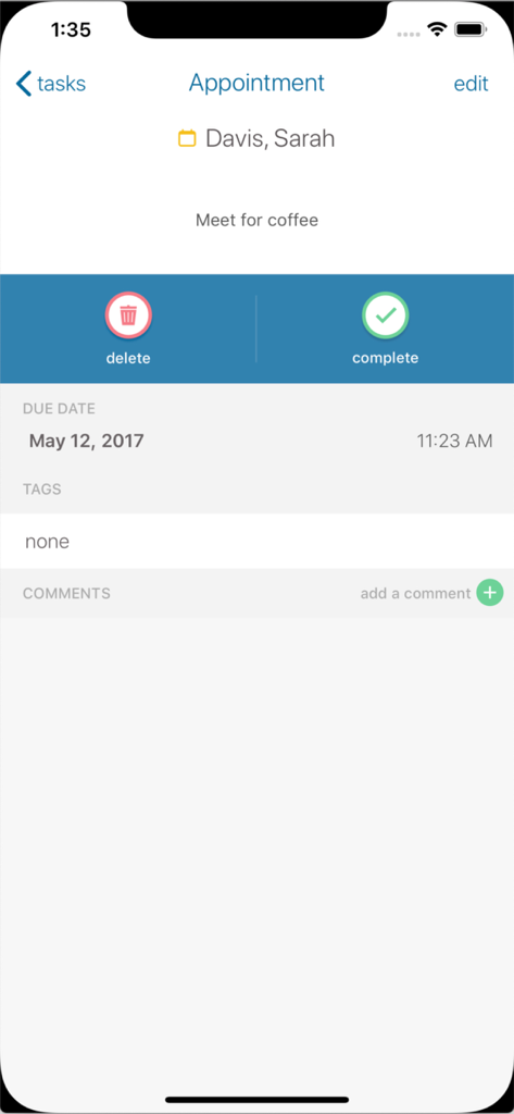 MPDX - Appointment details screen in the MPDX app showing a coffee meeting task for a ministry partner.