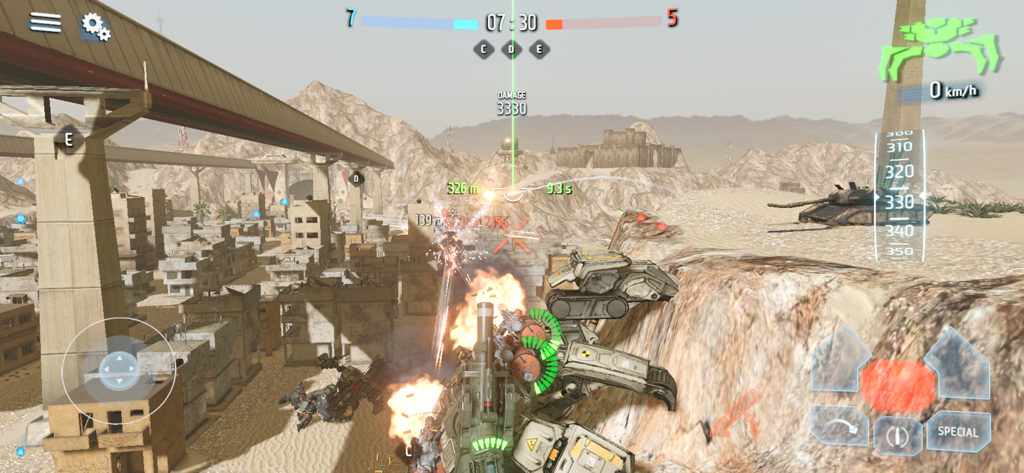 B.o.T - Gameplay screenshot of Battle of Titans featuring mechanical robots in a desert environment.