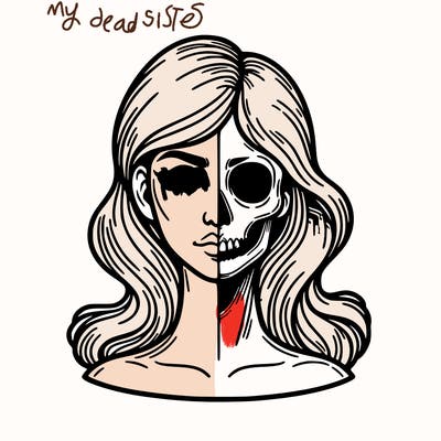 bust of a woman, half face and hair, half skull