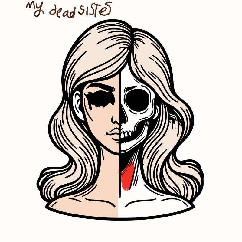 bust of a woman, half face and hair, half skull