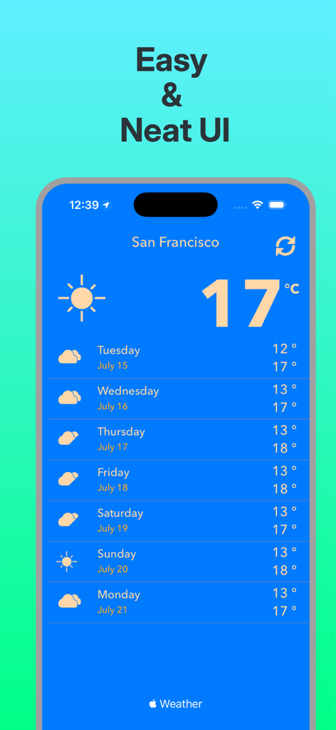 Weather News - Weather News app screenshot showing a 7 day weather forecast for San Francisco with a clean user interface