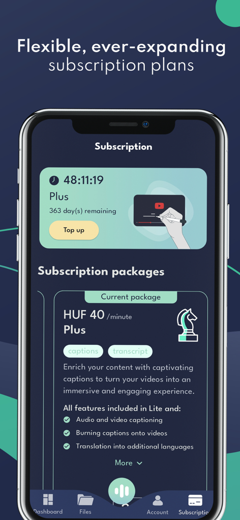 Alrite - Smartphone screen displaying Alrite app subscription packages with features for video captioning and translation