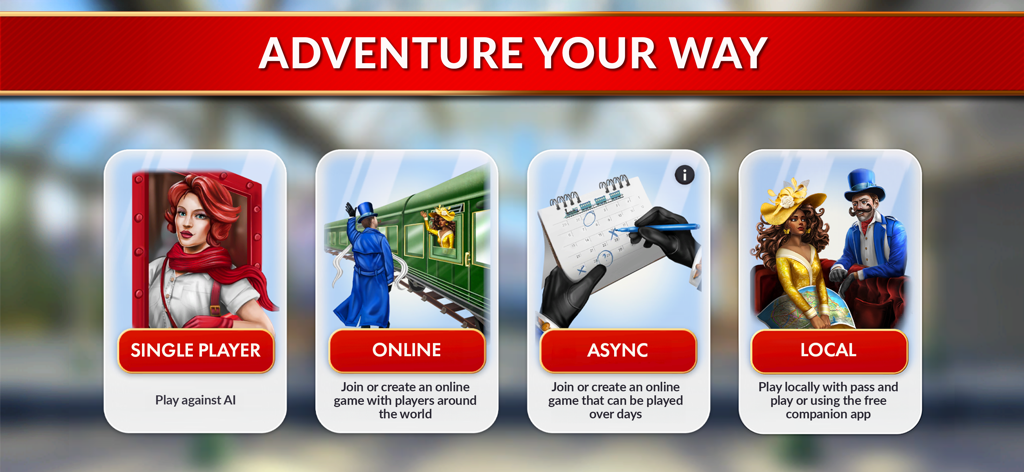 Ticket to Ride game modes menu showing Single Player, Online, Async, and Local options