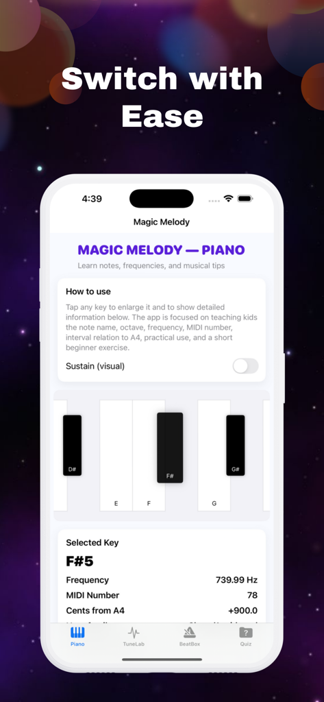 Magic Melody+ - Magic Melody plus app interface showing a virtual piano keyboard and musical note frequency details