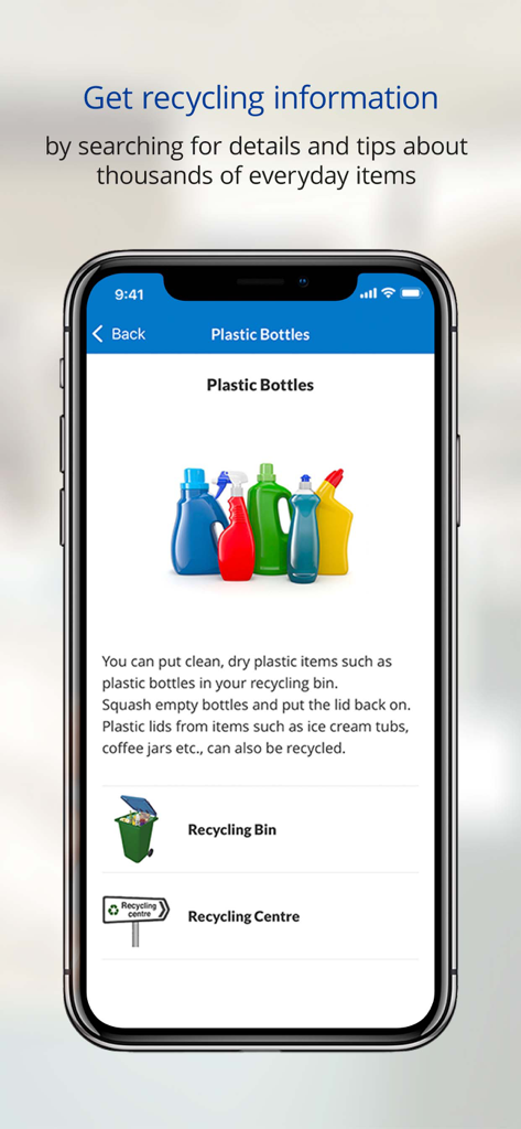 Mobile app screen displaying recycling instructions and tips for plastic bottles