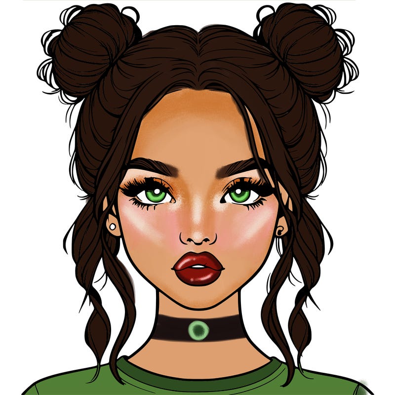 realistic girl with two buns in hair and lips