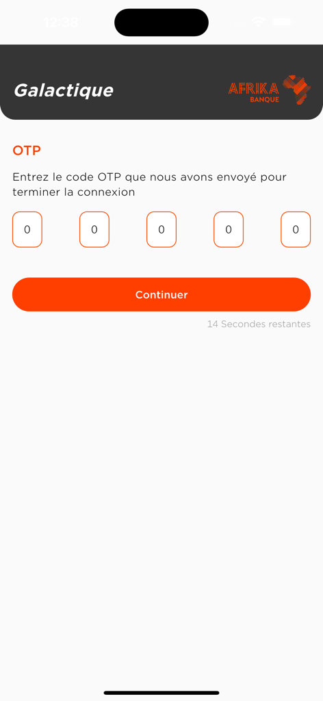 Galactique CI mobile app OTP verification screen with numeric input fields and a continue button