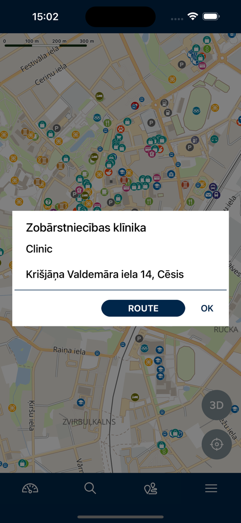 BalticMaps - BalticMaps mobile app interface showing a popup with location details for a clinic in Cesis Latvia