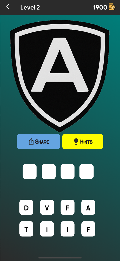 Logo Drive: Car Challenge - Uno schermo dall'app Logo Drive Car Challenge che mostra un logo d'auto a forma di scudo con la lettera A e una griglia di lettere per indovinare il nome del marchio.