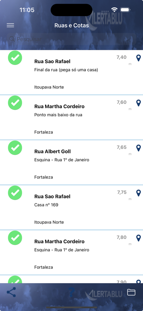 Captura de tela do aplicativo ALERTABLU exibindo uma lista de ruas em Blumenau com seus respectivos níveis de cota de enchente e marcações de segurança