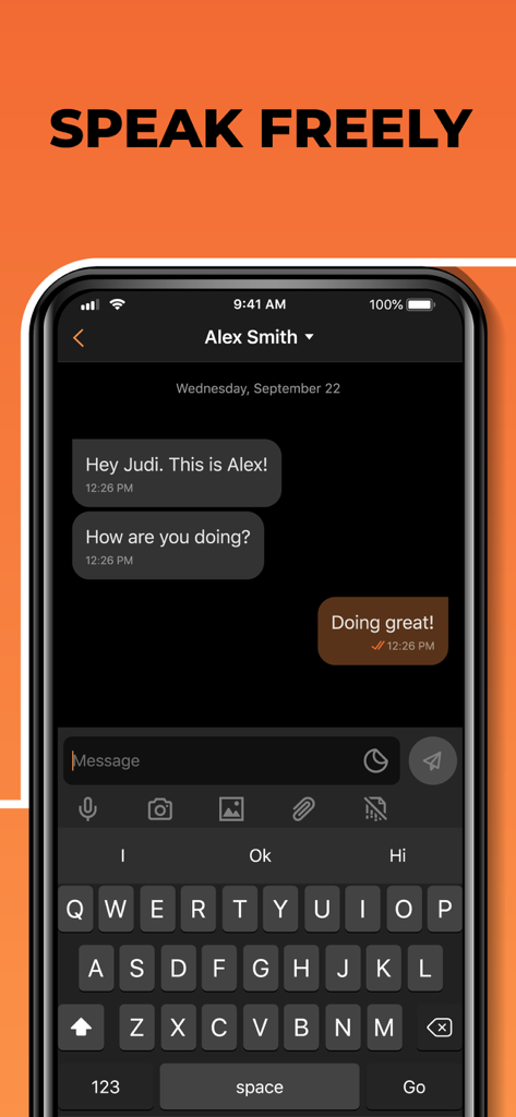 Confide - Private messenger - Screenshot of the Confide app showing a secure private chat interface between two users on a dark background.
