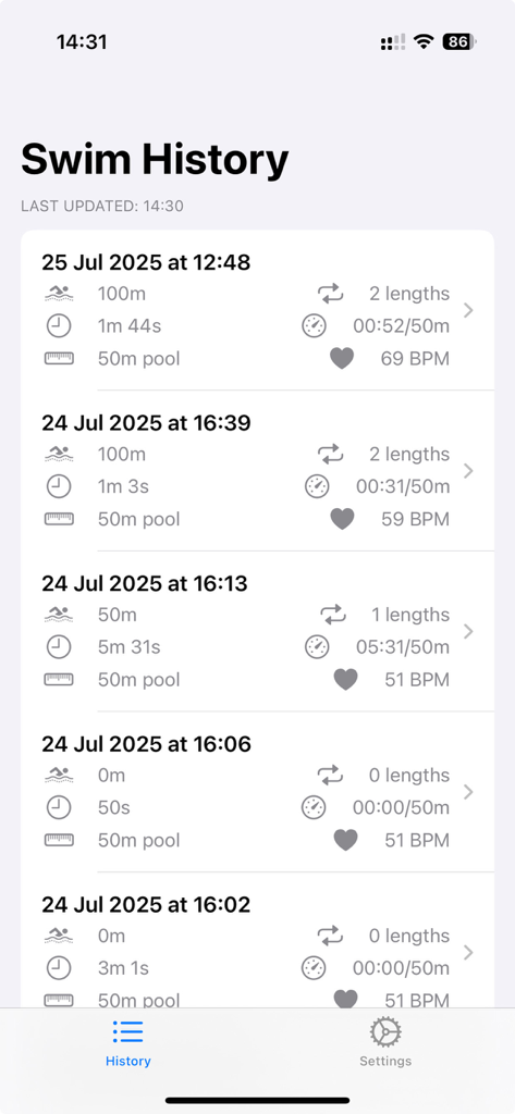 Swimming Lap Tracker - Swimming lap tracker swim history screen showing distance time and heart rate for past workouts