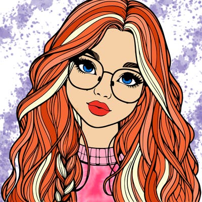girl with long hair and freckles and glasses realistic