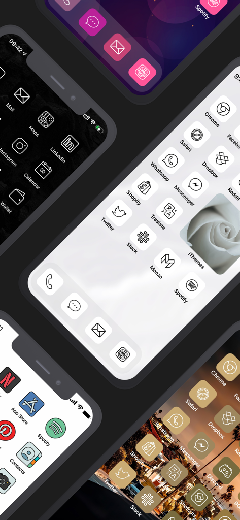 Múltiples iPhones mostrando varios temas de pantalla de inicio estéticos e iconos de aplicaciones personalizados usando iThemes