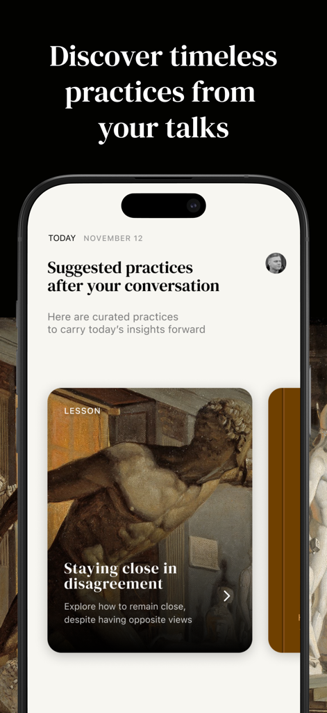 Alter・Daily Philosophy Journal - Smartphone screen showing suggested philosophical reflection practices and lessons in the Alter app