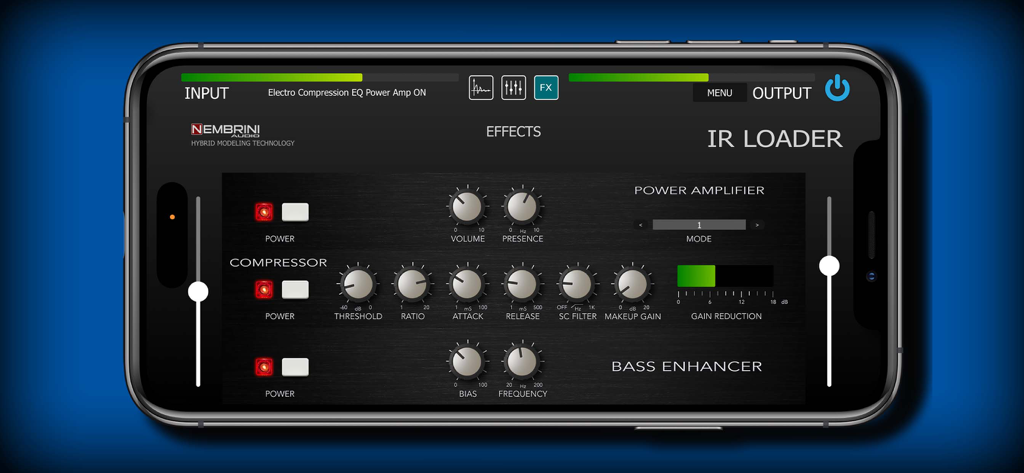 IR Loader - Pantalla de efectos de Nembrini IR Loader con ajustes de amplificador de potencia, compresor y potenciador de graves