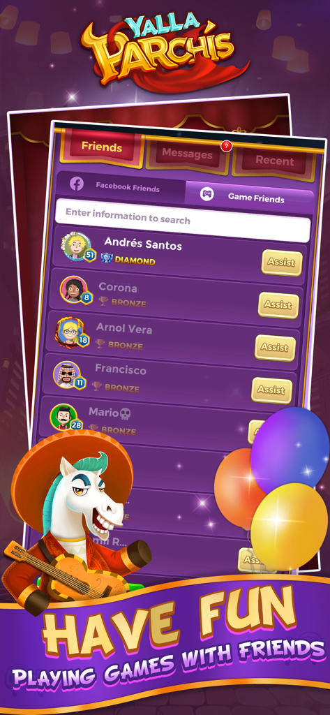 Yalla Parchis - Yalla Parchis friends list interface featuring a mariachi horse character and social game rankings