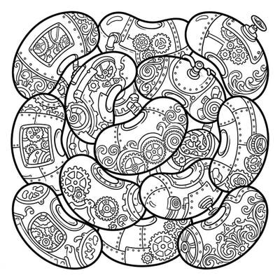 Dive into a delightfully eccentric world with our Steampunk Jelly Beans coloring page. This unique design merges classic confectionery with intricate gears, cogs, and Victorian industrial patterns for an imaginative coloring experience.