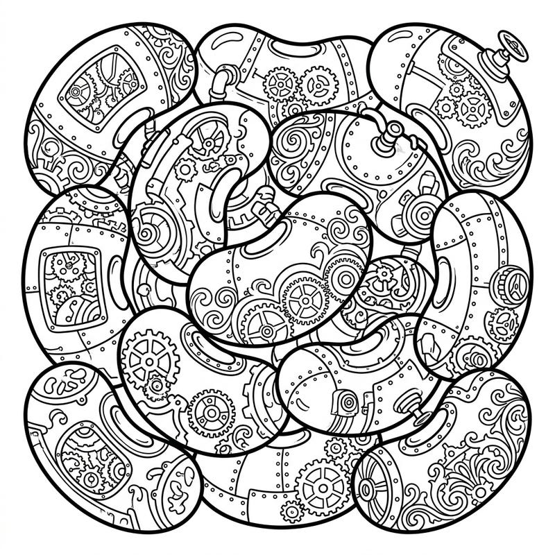 Dive into a delightfully eccentric world with our Steampunk Jelly Beans coloring page. This unique design merges classic confectionery with intricate gears, cogs, and Victorian industrial patterns for an imaginative coloring experience.
