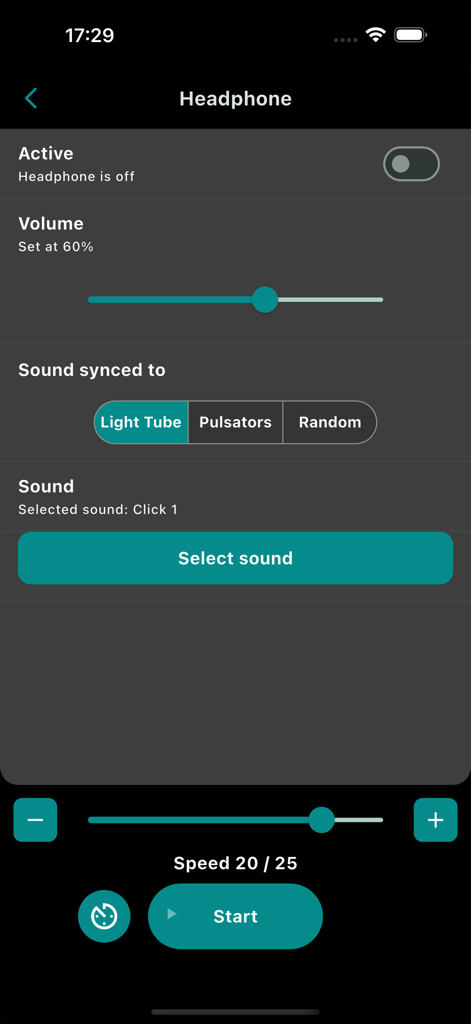 Tela de configurações de fones de ouvido no aplicativo EMDR kit mostrando opções de volume e sincronização de som.
