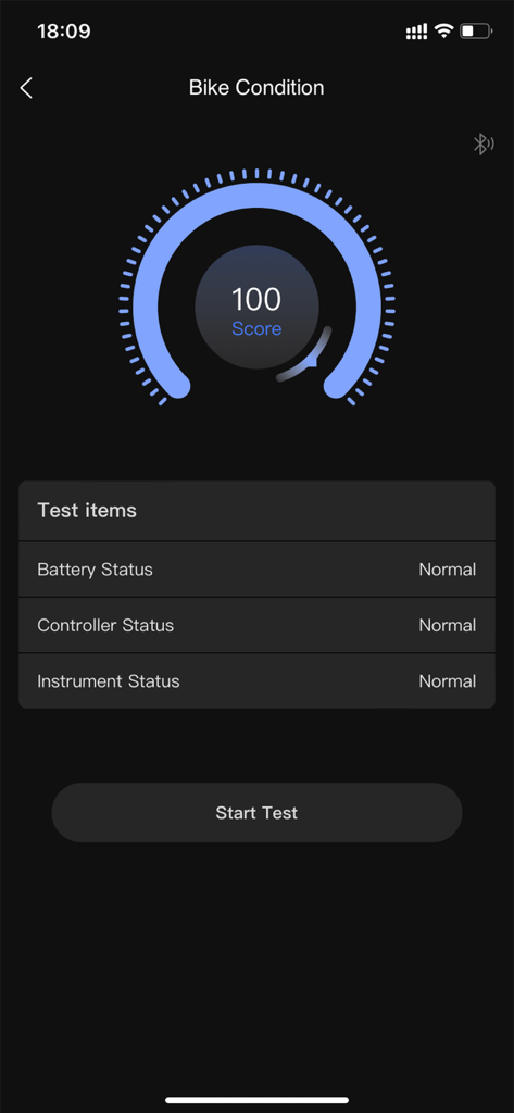 SURRON - SURRON app bike condition screen showing a score of 100 and normal status for battery, controller, and instrument.