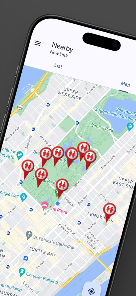 WC Toilet and Restroom Finder app map interface showing public restroom locations in New York City