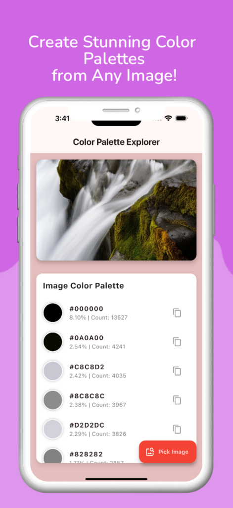 自然の alkene からHEXコードとパーセンテージを抽出するColor Palette Generator Proアプリのスクリーンショット。