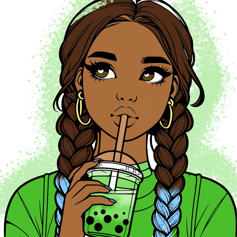 realistic girl with braided hair drinking boba