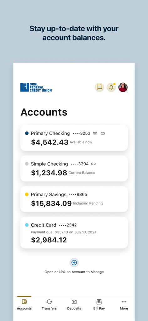 ORNL Federal Credit Union mobile app showing account balances for checking and savings accounts.