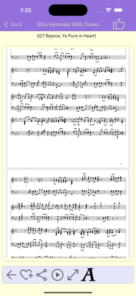 SDA Hymnals With Tunes - Spartito musicale per l'inno "Rejoice Ye Pure in Heart" nell'app SDA Hymnals.