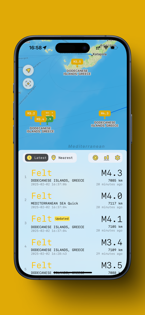 QuakeSense - Earthquake Alerts - Interfaz de la aplicación QuakeSense mostrando un mapa con pines de actividad sísmica y una lista detallada de terremotos recientes