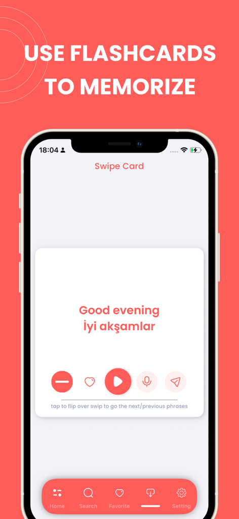 Learn Turkish phrasebook app showing a flashcard for the phrase Good evening in Turkish