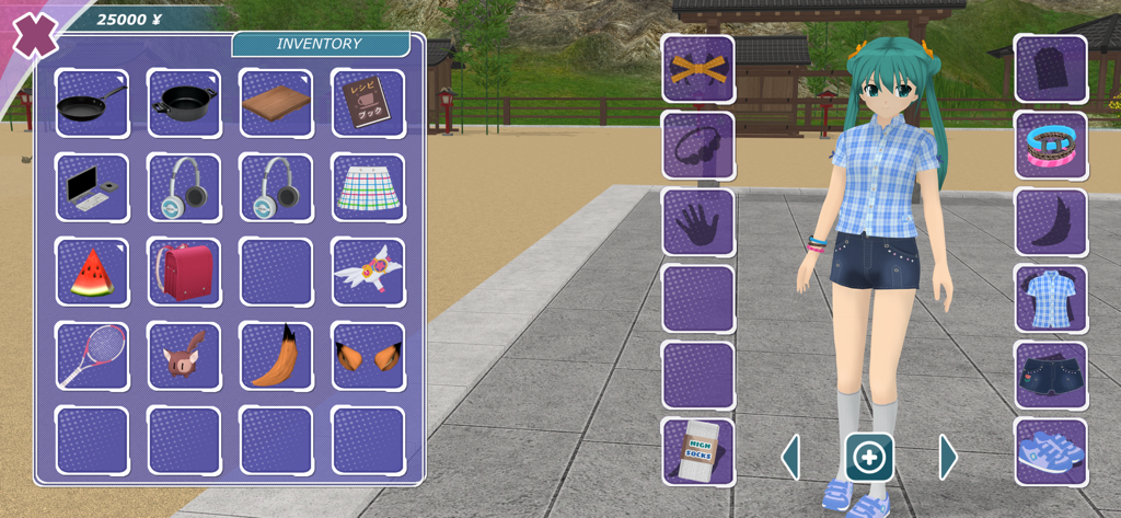 Anime City 3D - Pantalla de personalización de personaje e inventario de Anime City 3D que muestra varios artículos y atuendos para un avatar de chica de anime